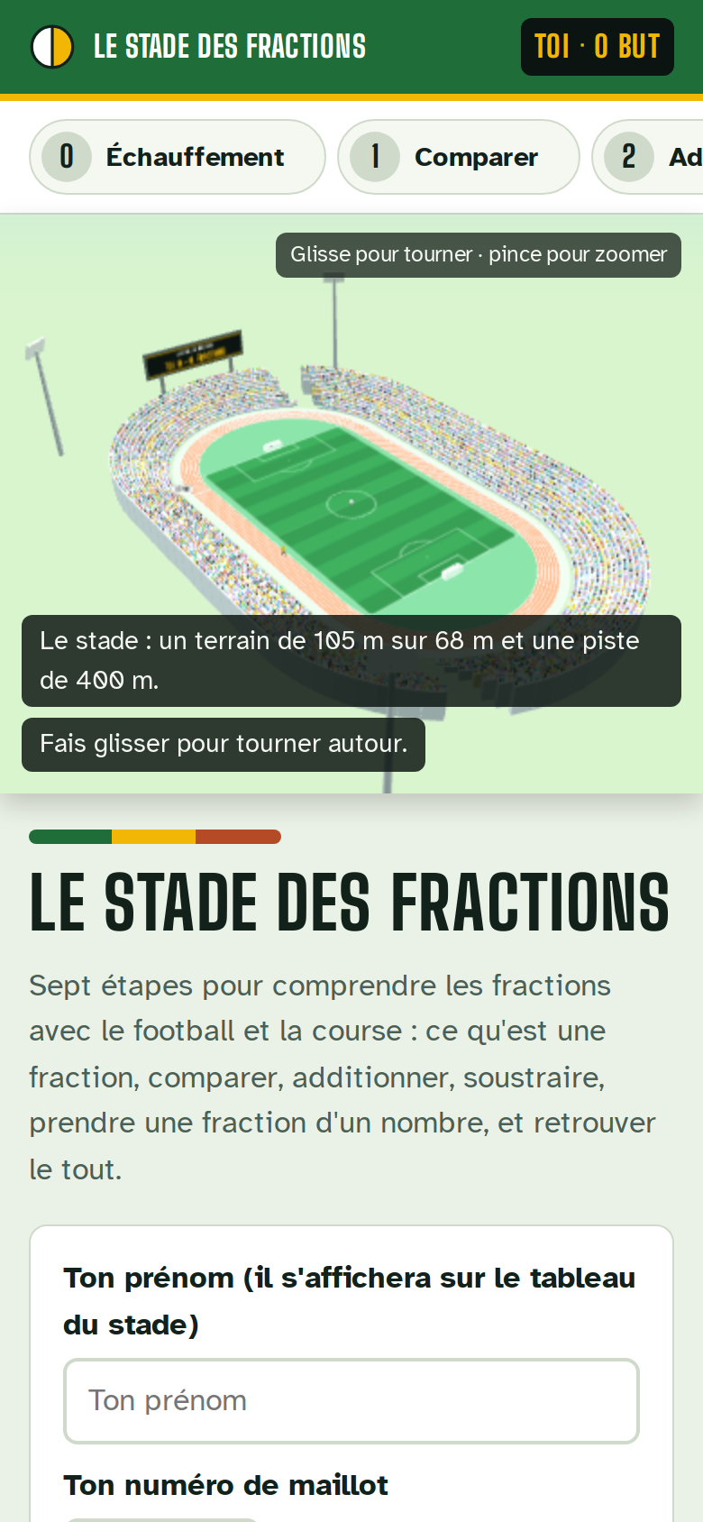 Le Stade des Fractions: six stations on a football pitch and a running track, a scoreboard in buts, and a Guide tab with parent notes for each station.