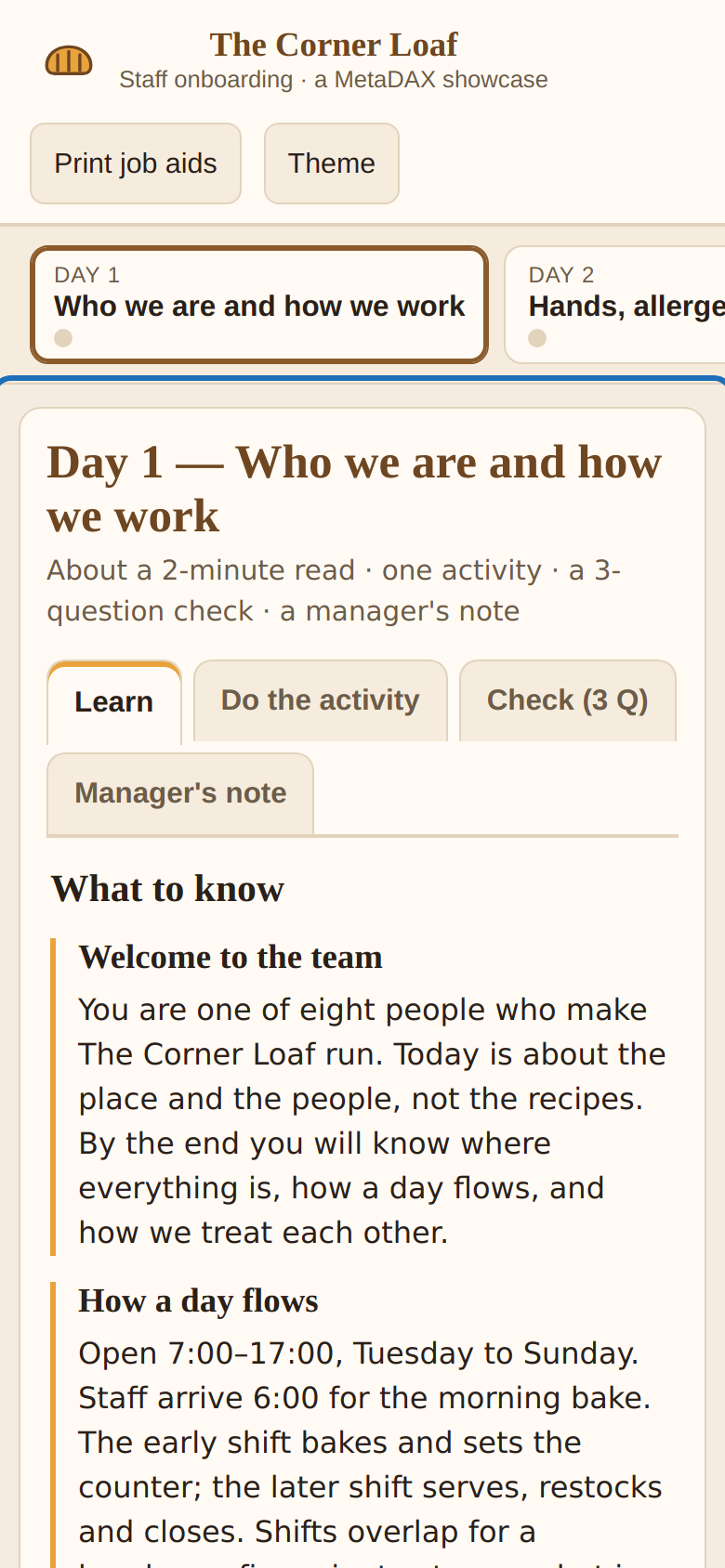 First Week at the Bakery: five days, each with Learn, an activity, a short check, and a manager's note.