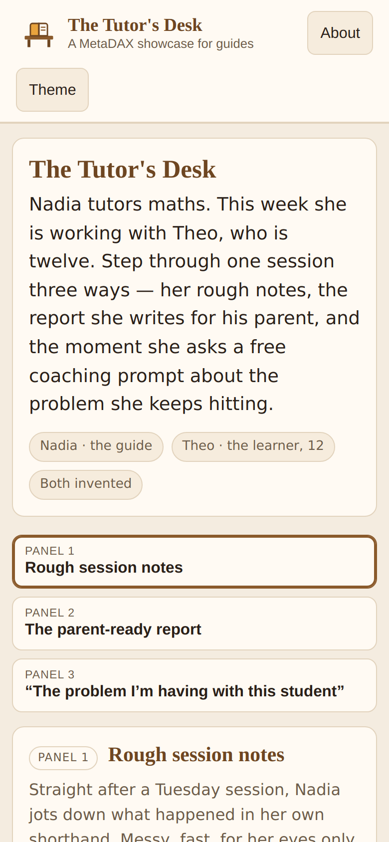 The Tutor's Desk: rough notes, the parent-ready report, and the guide coach worked on a real problem, with a pick-a-situation selector.